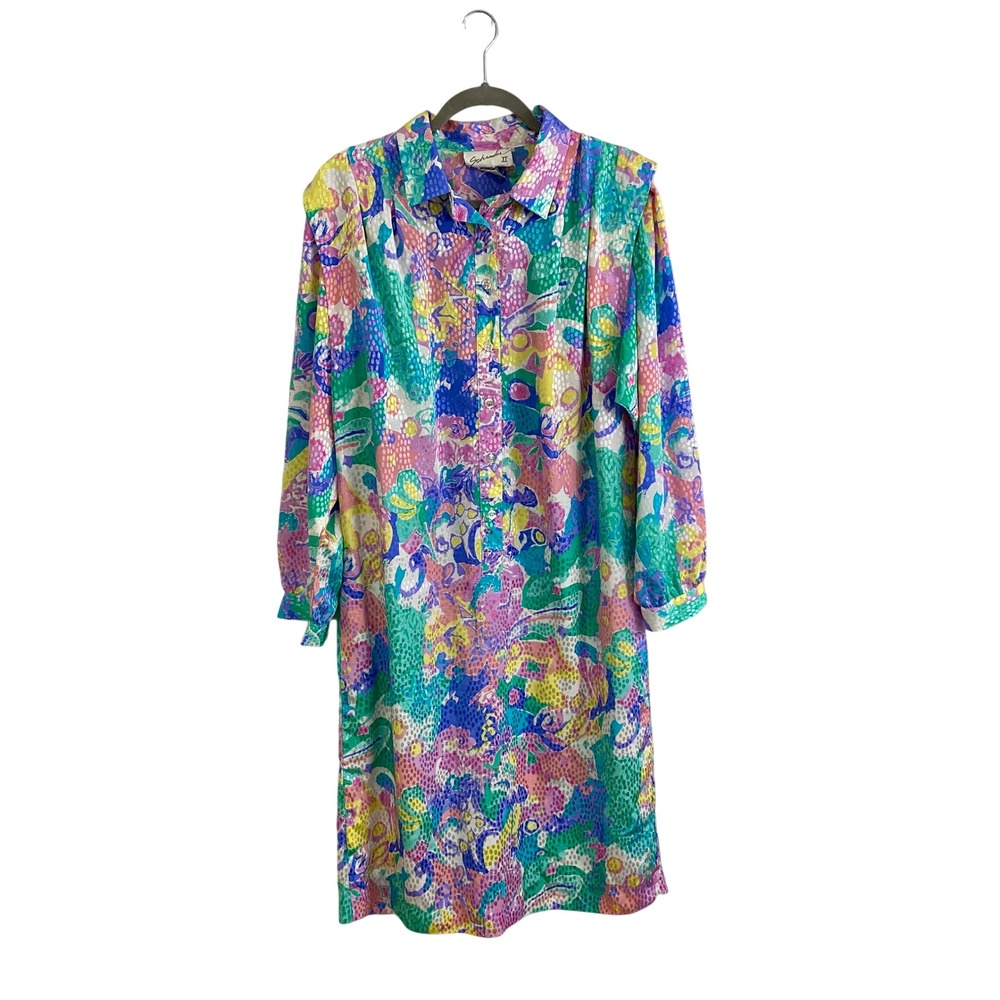 VTG Schroder II Floral‎ Jacquard Dress Plus 14W 80s 90s Abstract Neon Pastel
